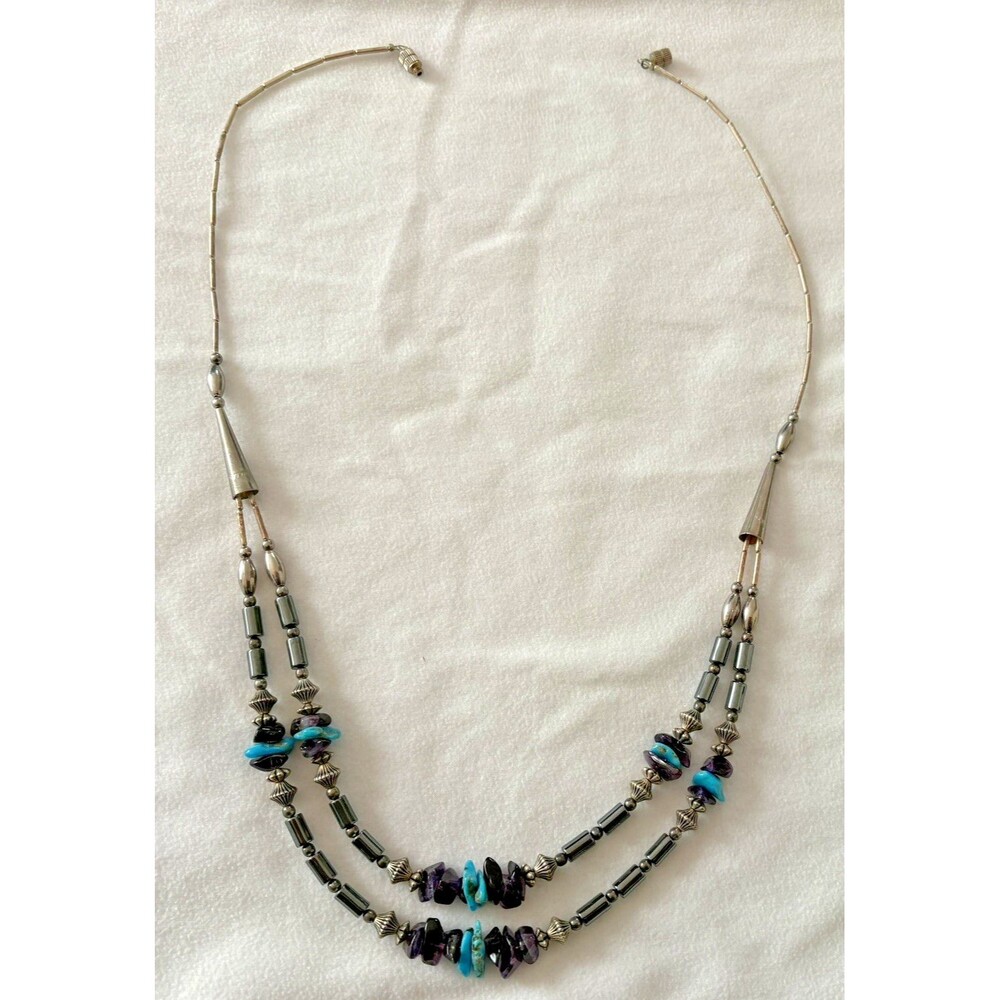 Native American Necklace 24 inch Vintage Beaded Navajo Turquoise Silver Plated